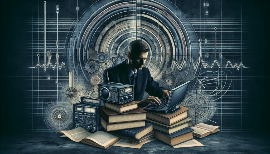 Imagem de um radioamador estudando com livros e computadores, cercado por ondas de rádio e elementos técnicos, simbolizando renovação e crescimento na licença.