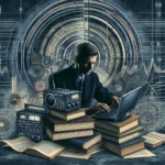 Imagem de um radioamador estudando com livros e computadores, cercado por ondas de rádio e elementos técnicos, simbolizando renovação e crescimento na licença.