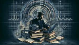 Imagem de um radioamador estudando com livros e computadores, cercado por ondas de rádio e elementos técnicos, simbolizando renovação e crescimento na licença.