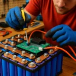 Técnico instalando sistema de bateria com células visíveis, BMS conectado, fundo com ferramentas e componentes eletrônicos em rascunho automático