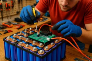 Técnico instalando sistema de bateria com células visíveis, BMS conectado, fundo com ferramentas e componentes eletrônicos em rascunho automático