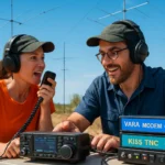 Cena horizontal com operadores de rádio utilizando RadioMail v1.5.2, equipamentos VARA e KISS TNC, antenas e céu claro ao fundo