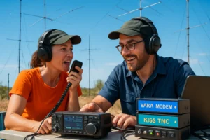 Cena horizontal com operadores de rádio utilizando RadioMail v1.5.2, equipamentos VARA e KISS TNC, antenas e céu claro ao fundo