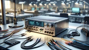 Imagem detalhada da fonte de bancada WANPTEK TPS3010 em laboratório de eletrônica com ambiente iluminado e reflexos realistas