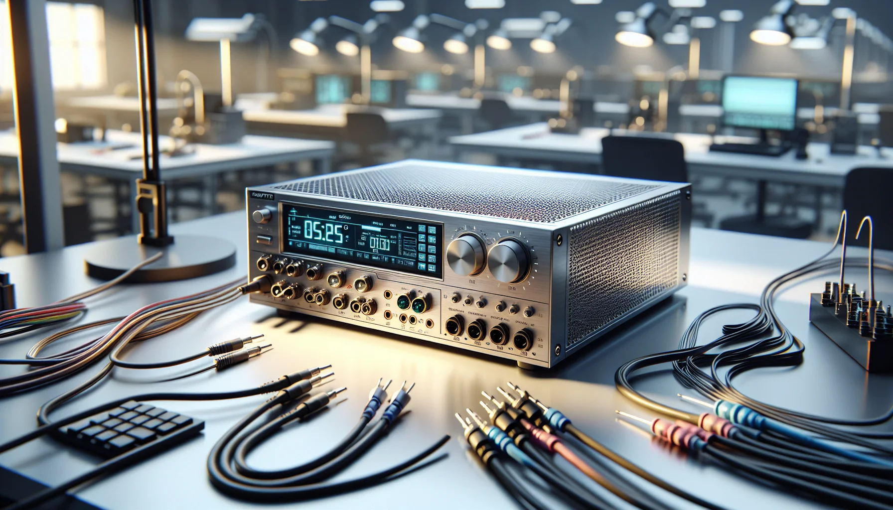 Imagem detalhada da fonte de bancada WANPTEK TPS3010 em laboratório de eletrônica com ambiente iluminado e reflexos realistas