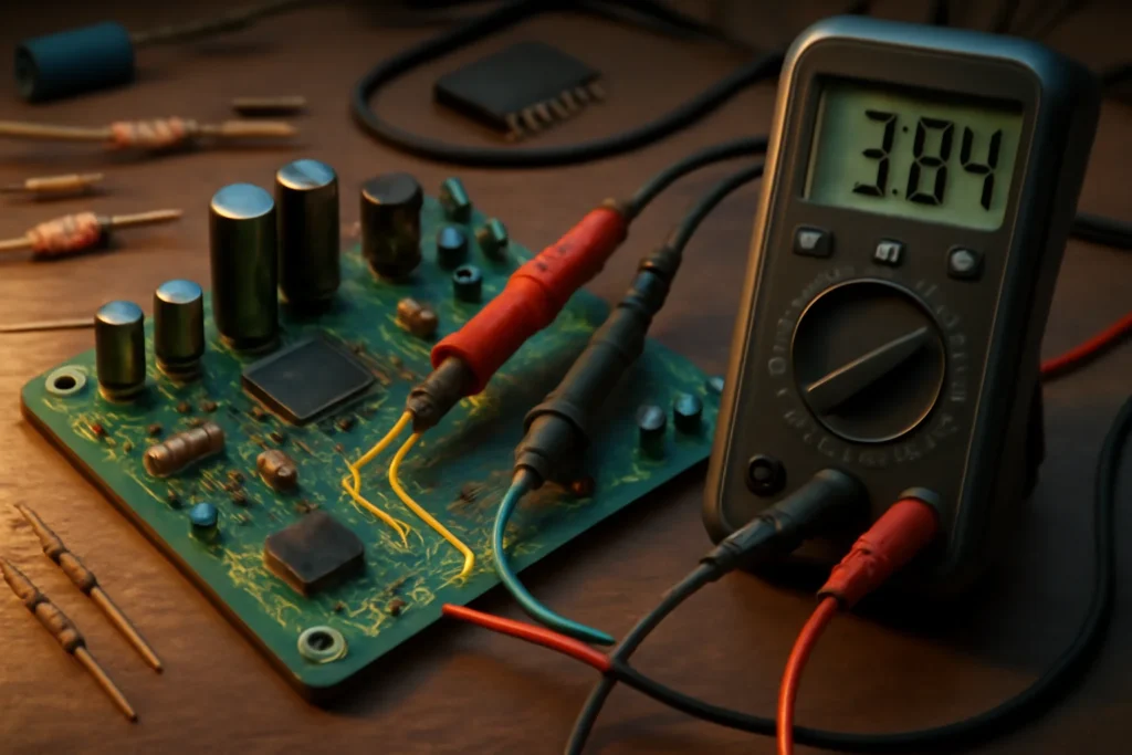 Imagem de estudo em eletrônica básica, com placa aberta, resistores, chips e multímetro digital