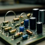 Renderização realista de circuitos elétricos lei Ohm com resistores, capacitores e fios metálicos em ambiente de laboratório