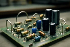 Renderização realista de circuitos elétricos lei Ohm com resistores, capacitores e fios metálicos em ambiente de laboratório