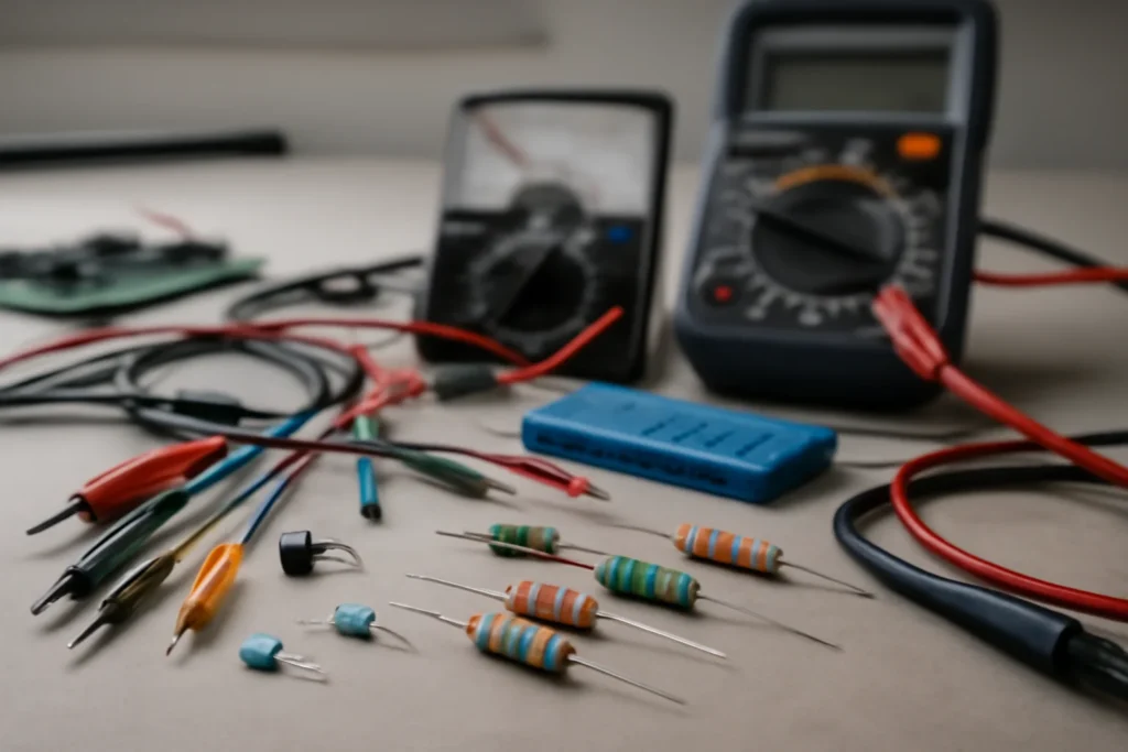 Imagem de uma bancada de eletrônica com resistores, cabos e instrumentos de medição, foco na associação resistores cálculo resistência