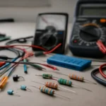 Imagem de uma bancada de eletrônica com resistores, cabos e instrumentos de medição, foco na associação resistores cálculo resistência
