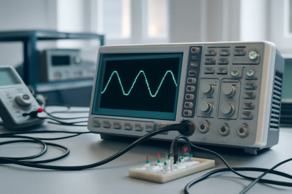 Sala de laboratório com osciloscópio exibindo ondas senoidais, destacando análise de sinais ondulatórios.