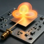 Imagem realista de uma antena de microfita com componentes eletrônicos, destacando teoria antenas funcionamento básico