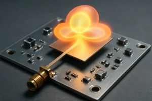 Imagem realista de uma antena de microfita com componentes eletrônicos, destacando teoria antenas funcionamento básico