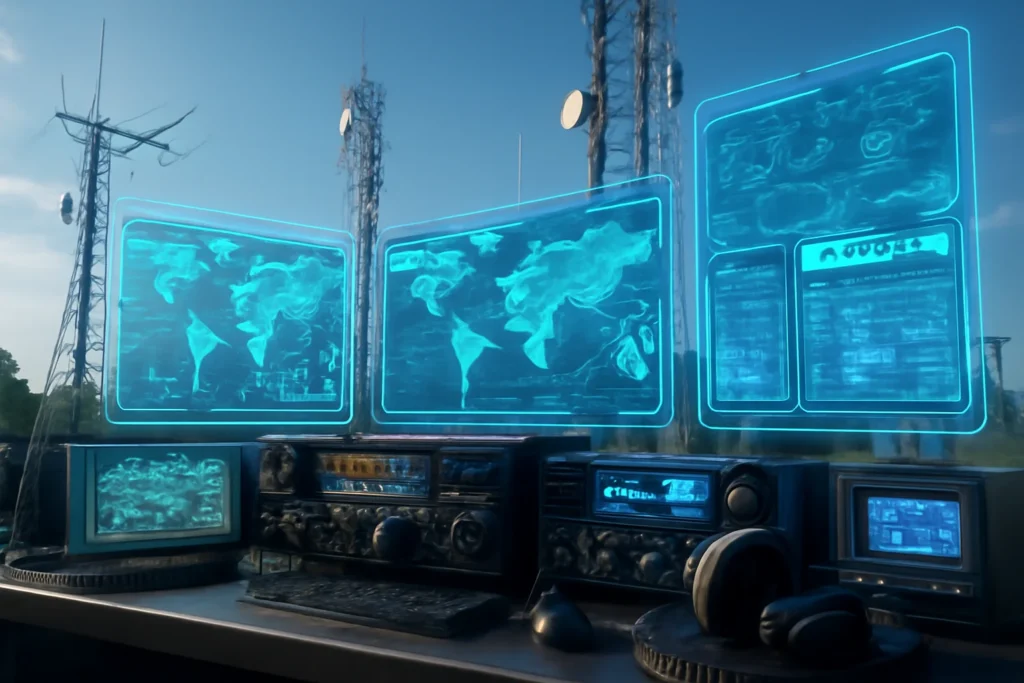 Estação de controle com equipamentos de radioamador e telas holográficas exibindo mapas e conexões de redes digitais