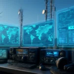Estação de controle com equipamentos de radioamador e telas holográficas exibindo mapas e conexões de redes digitais