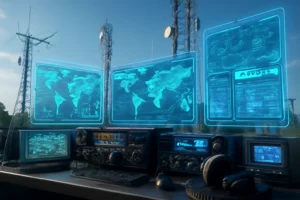 Estação de controle com equipamentos de radioamador e telas holográficas exibindo mapas e conexões de redes digitais
