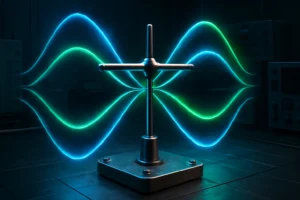 Visualização 3D de fenômenos propagação conceitos técnicos com antena, ondas estacionárias e padrões de nós e ventres