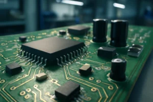 Imagem realista de uma que placas circuito impresso verdes, com componentes e textura destacada
