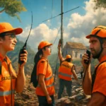 Equipe de rádio amadores da REER-SP em campo com rádios e antenas durante operação de resgate após desastres naturais