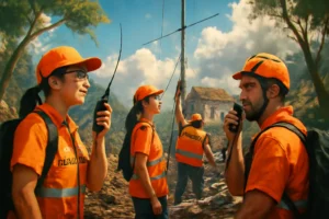 Equipe de rádio amadores da REER-SP em campo com rádios e antenas durante operação de resgate após desastres naturais