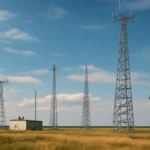 Cena horizontal de estação de rádio ao ar livre com antenas variadas, destacando rascunho automático e diversidade de potência