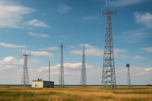 Cena horizontal de estação de rádio ao ar livre com antenas variadas, destacando rascunho automático e diversidade de potência
