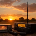 Rádio amador ao ar livre com antena vertical e medidor de ROE, sob pôr do sol, indicando prática e experiência com rascunho automático