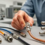 Técnico ajustando cabos coaxiais com conectores RF em laboratório, destaque para conector N