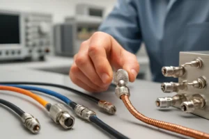 Técnico ajustando cabos coaxiais com conectores RF em laboratório, destaque para conector N