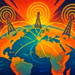 Ilustração vibrante de um globo terrestre com linhas de conexão em destaque na palavra-chave cq ww rtty wpx, transmitindo ondas de rádio ao redor do mundo.