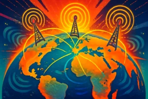 Ilustração vibrante de um globo terrestre com linhas de conexão em destaque na palavra-chave cq ww rtty wpx, transmitindo ondas de rádio ao redor do mundo.