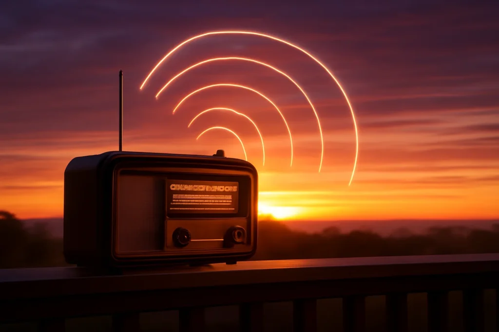 Cena ao pôr do sol com rádio antigo e ondas de rádio, representando rascunho automático em uma varanda nostálgica
