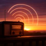 Cena ao pôr do sol com rádio antigo e ondas de rádio, representando rascunho automático em uma varanda nostálgica