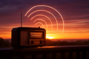 Cena ao pôr do sol com rádio antigo e ondas de rádio, representando rascunho automático em uma varanda nostálgica