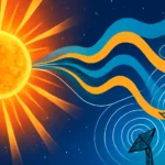 Ilustração do ciclo solar 25 2026 com sol, ondas de rádio e antenas simbolizando propagação HF