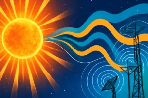 Ilustração do ciclo solar 25 2026 com sol, ondas de rádio e antenas simbolizando propagação HF