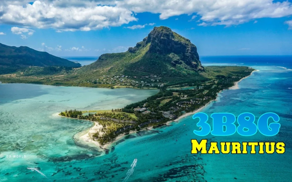 Vista aérea de Maurício com destaque para 3B8G e a natureza exuberante