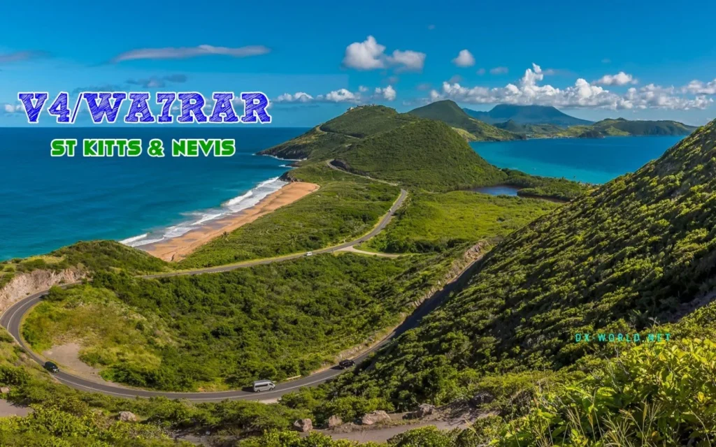 Vista panorâmica de St. Kitts & Nevis com a inscrição WA7RAR