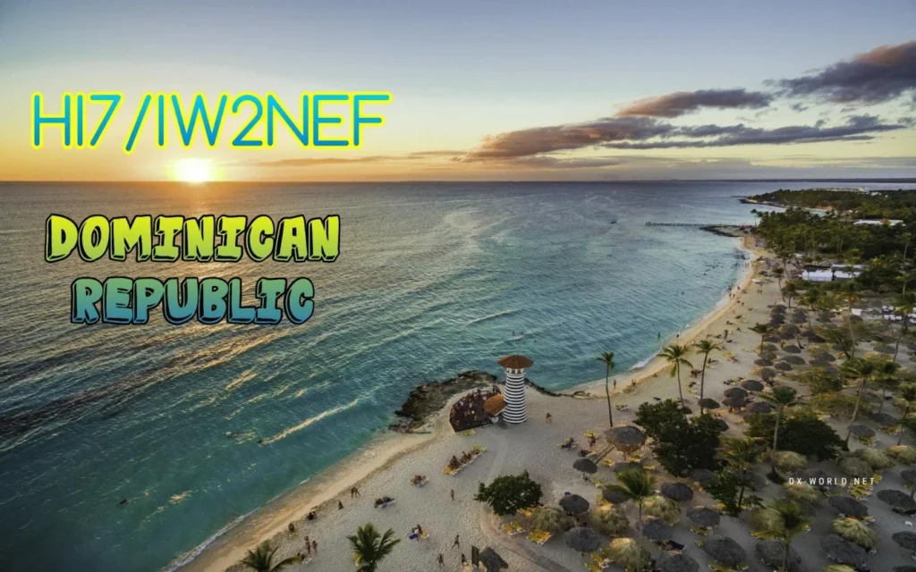 Praia na República Dominicana com pôr do sol e texto IW2NEF
