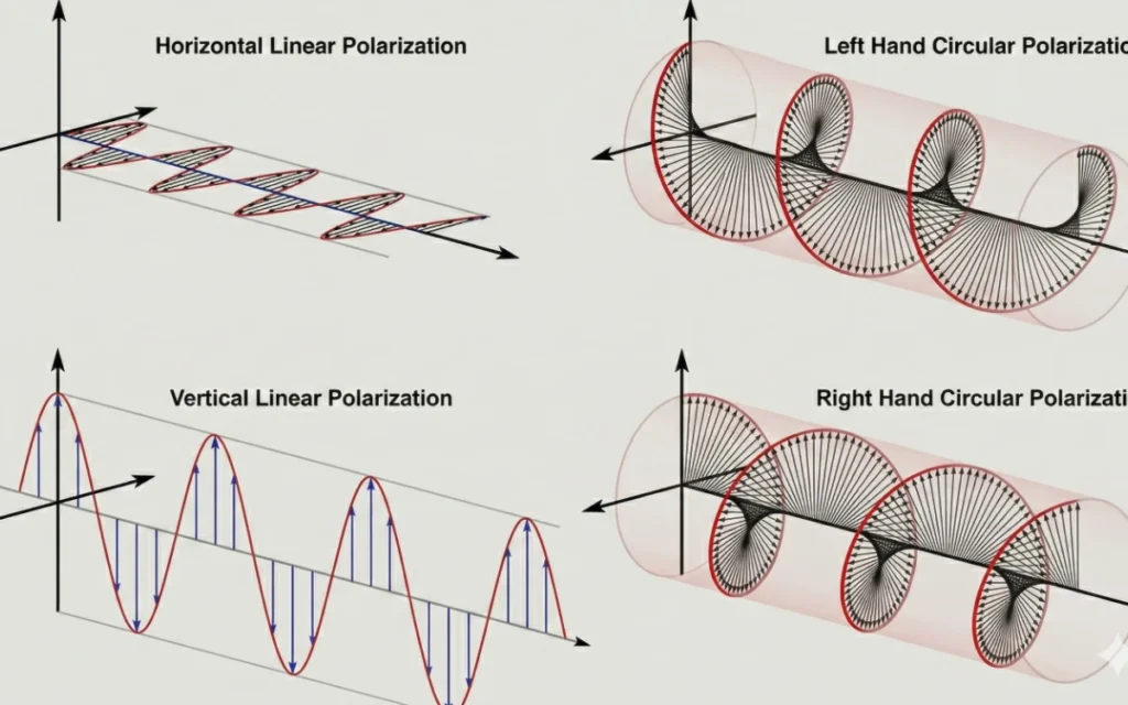 Tipos de polarização de antenas: linear e circular, com exemplos visuais.
