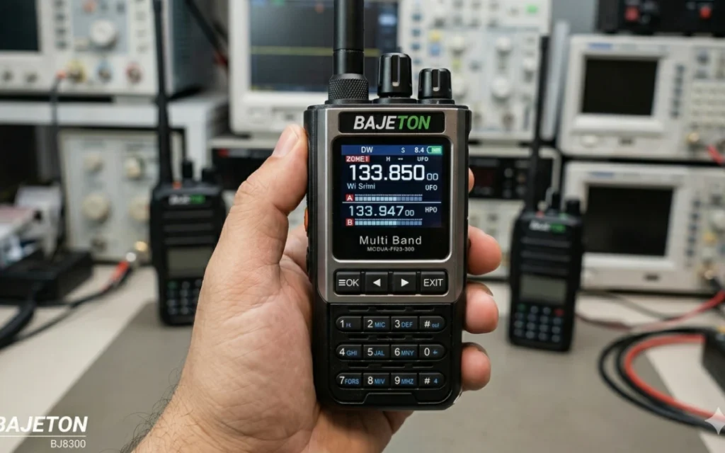 Transceptor Bajeton BJ8300 em uso, exibindo tela com frequências VHF e UHF
