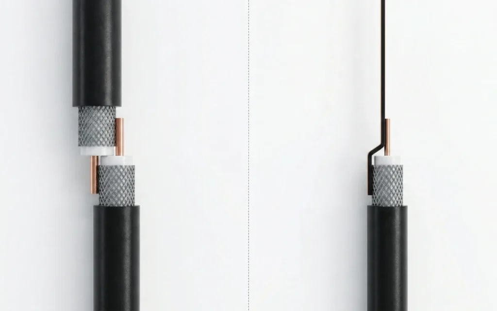 Detalhe de antena colinear caseira com conectores e cabos