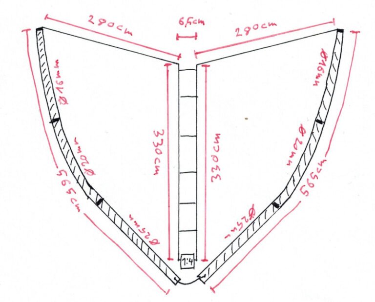 Diagrama da construção da antena delta loop M0PLK com medidas detalhadas