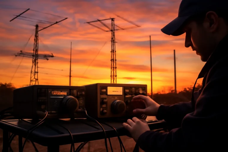 Capa do CQ WW WPX Contest mostrando estação de rádio ao amanhecer com antenas e operadores ajustando equipamentos