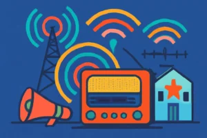 Imagem de capa com antenas variadas e ondas de rádio estilizadas representando rádioamadorismo e tecnologia