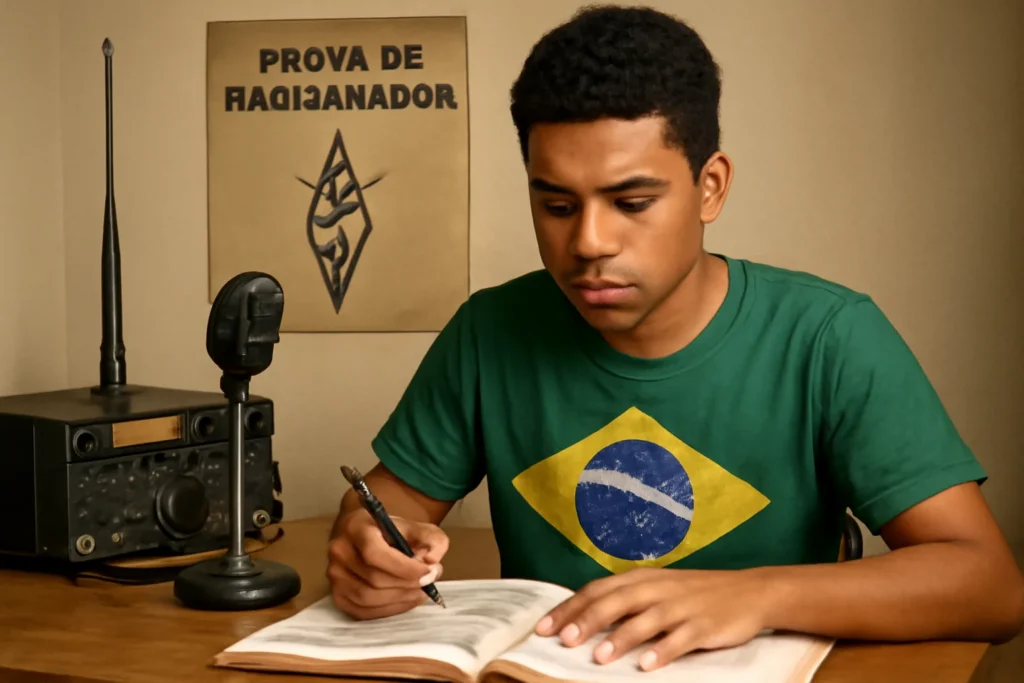 Jovem radioamador brasileiro estudando com equipamentos de rádio, ilustrando um rascunho automático da imagem de capa.