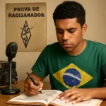 Jovem radioamador brasileiro estudando com equipamentos de rádio, ilustrando um rascunho automático da imagem de capa.