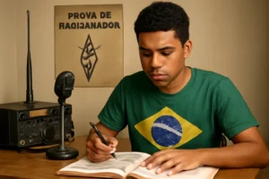 Jovem radioamador brasileiro estudando com equipamentos de rádio, ilustrando um rascunho automático da imagem de capa.