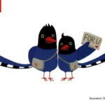 Pássaros ilustrados com mochilas, simbolizando a conexão da Radio Taiwan com a América Latina.