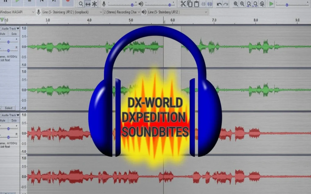 Logo DX-World com fones de ouvido e clipes de áudio em fundo gráfico